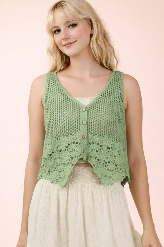 Crochet Knit Vest w/ Floral Hem