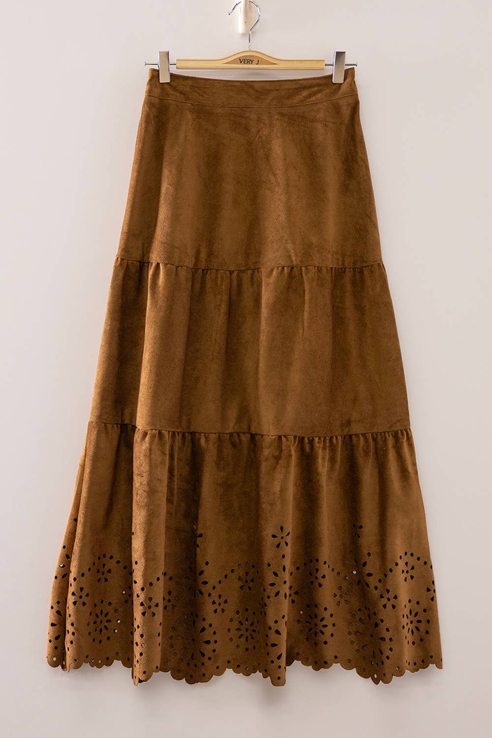 Faux Suede Tiered Midi Skirt