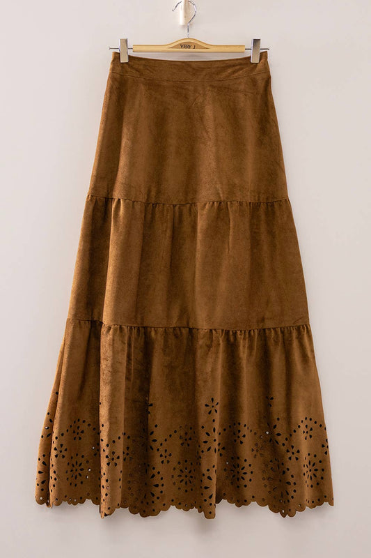 Faux Suede Tiered Midi Skirt