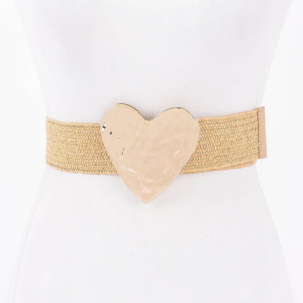 Faux Straw Metal Heart Buckle Stretch Belt