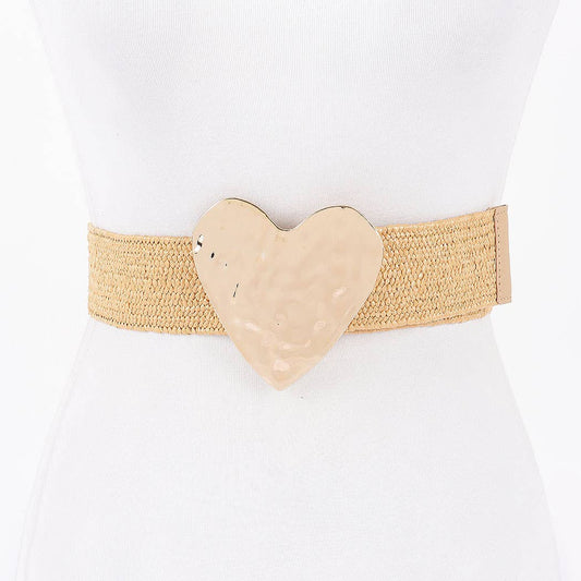 Faux Straw Metal Heart Buckle Stretch Belt