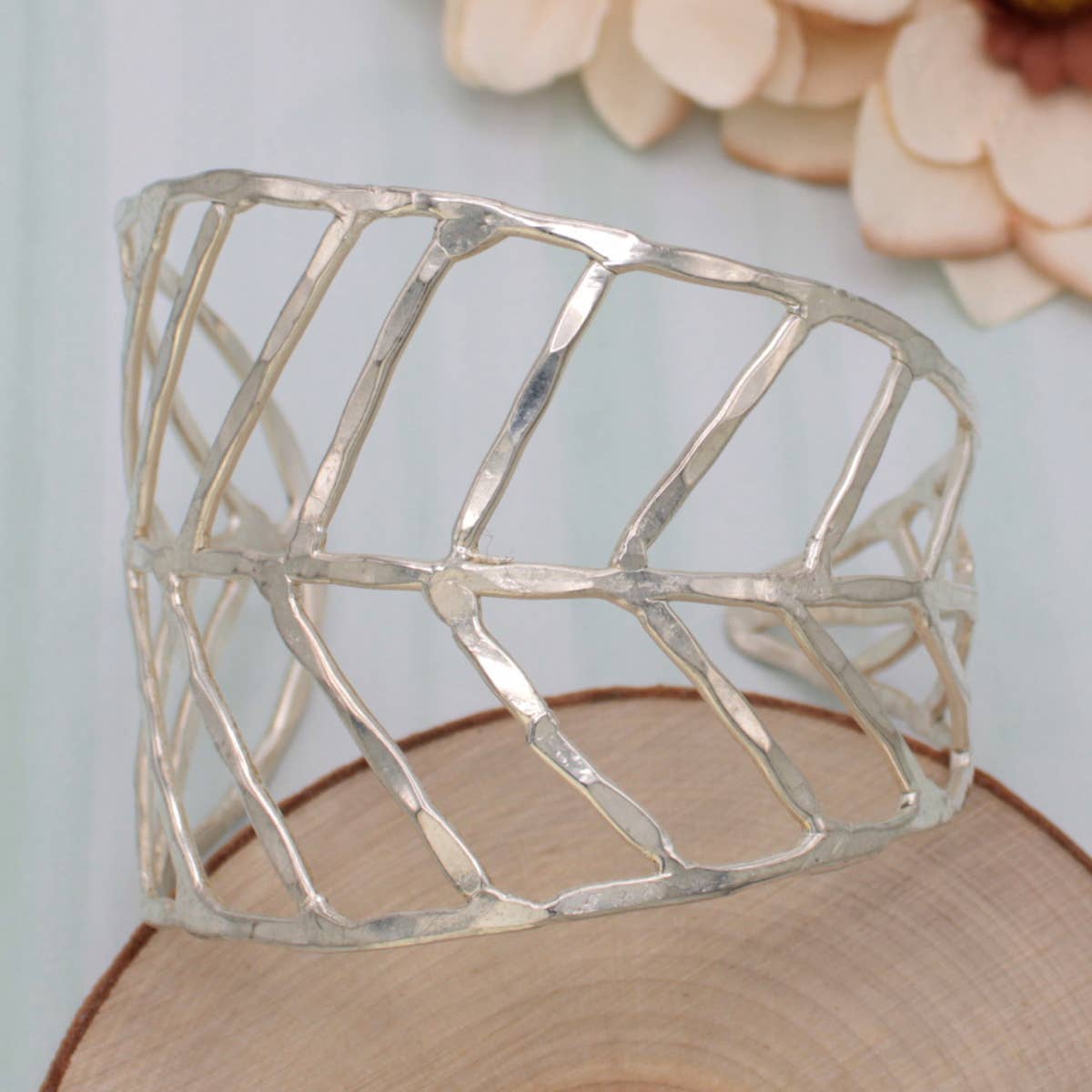 Silver Hammered Leaf Cuff Bracelet