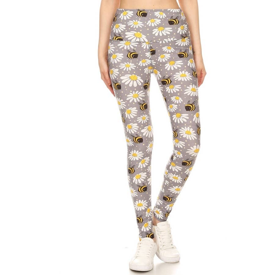 Bumble Bee Daisy Print Yoga Band Leggings
