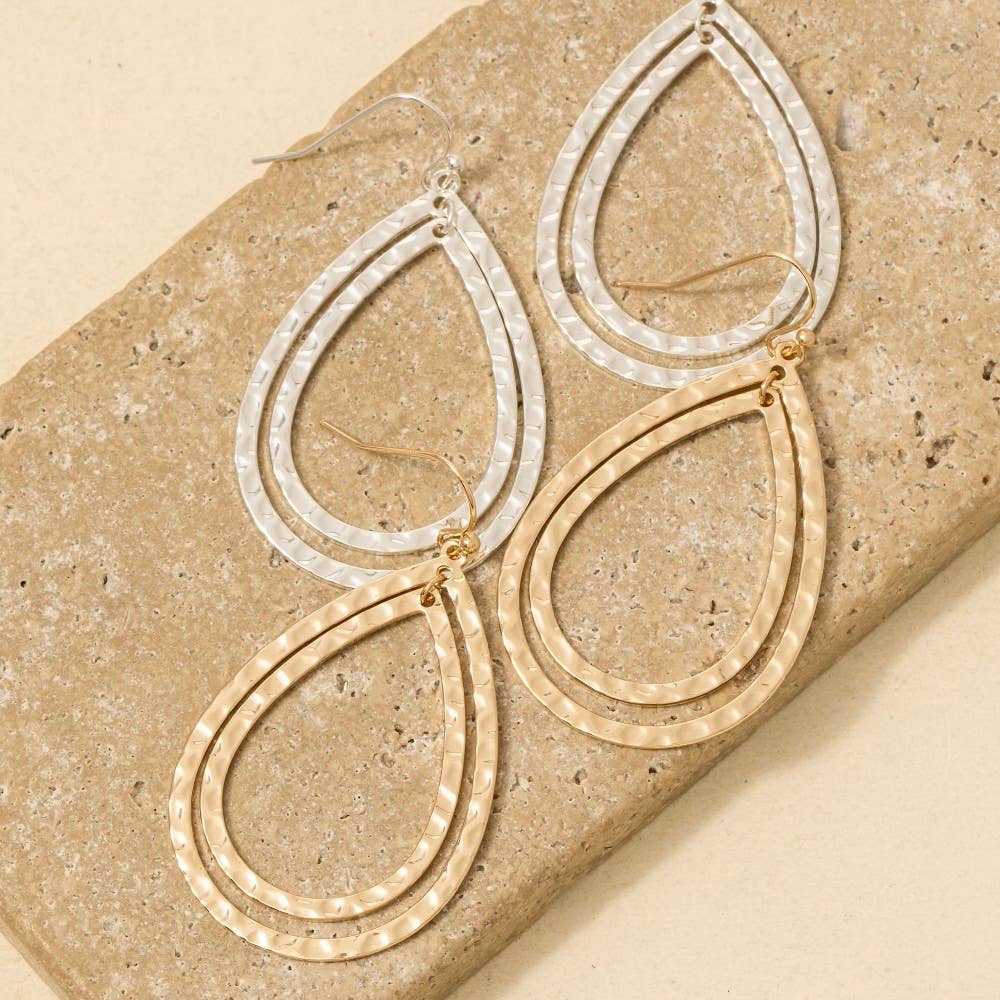 Hammered Layered Double Tear Dangle Earrings