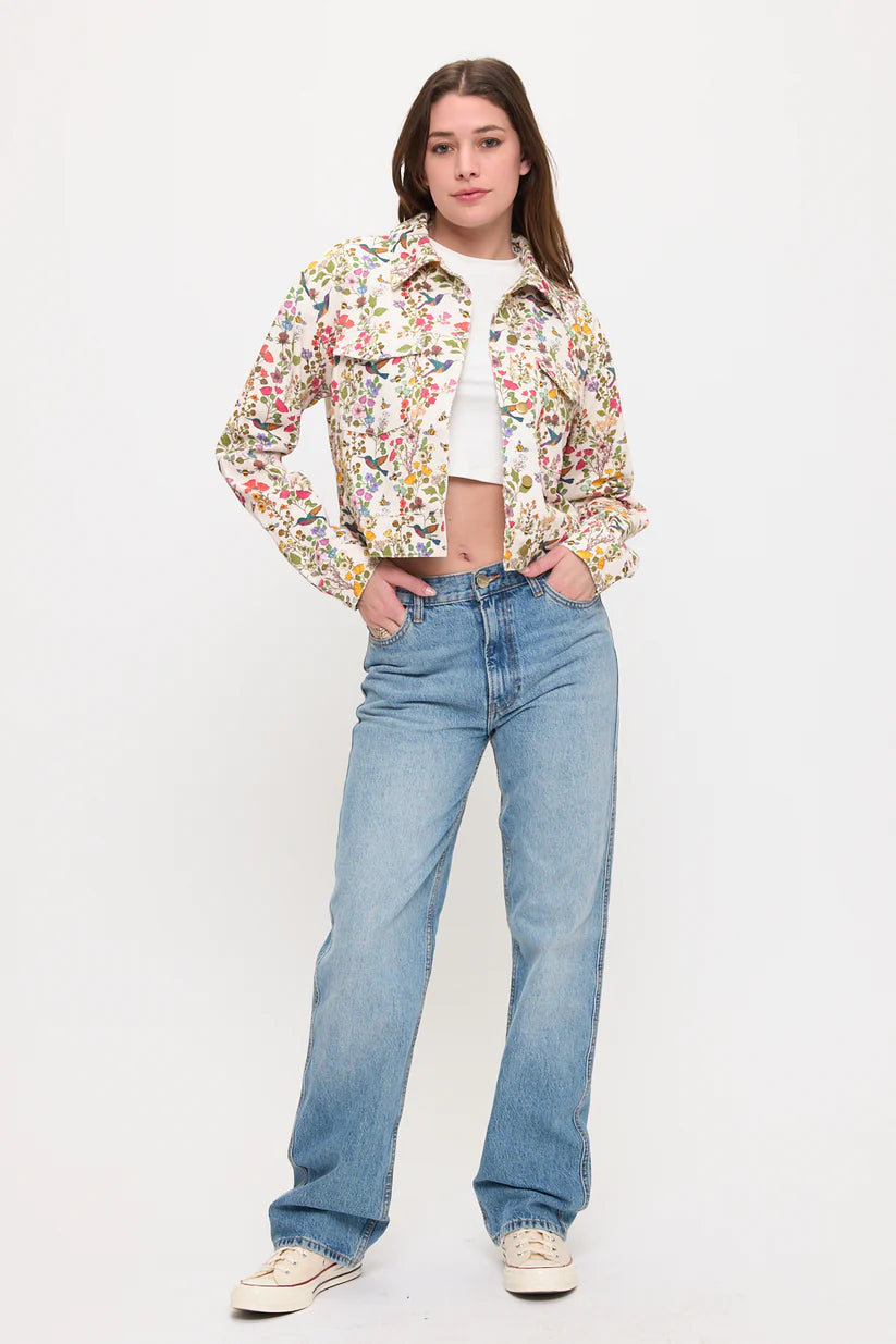 Floral Humming Bird Print Cropped Jacket