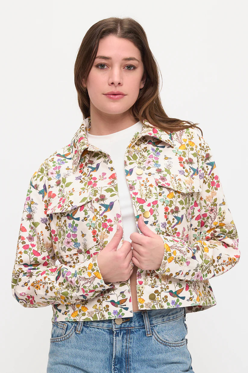 Floral Humming Bird Print Cropped Jacket