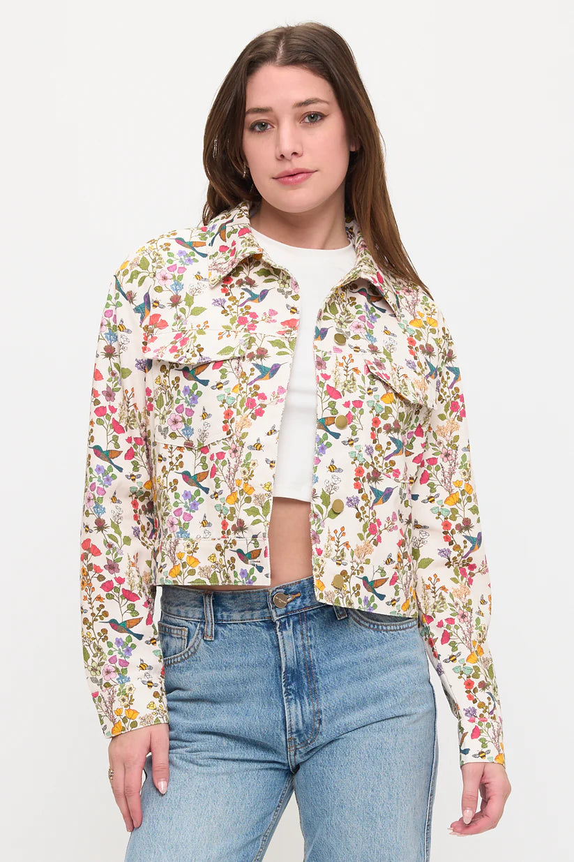 Floral Humming Bird Print Cropped Jacket