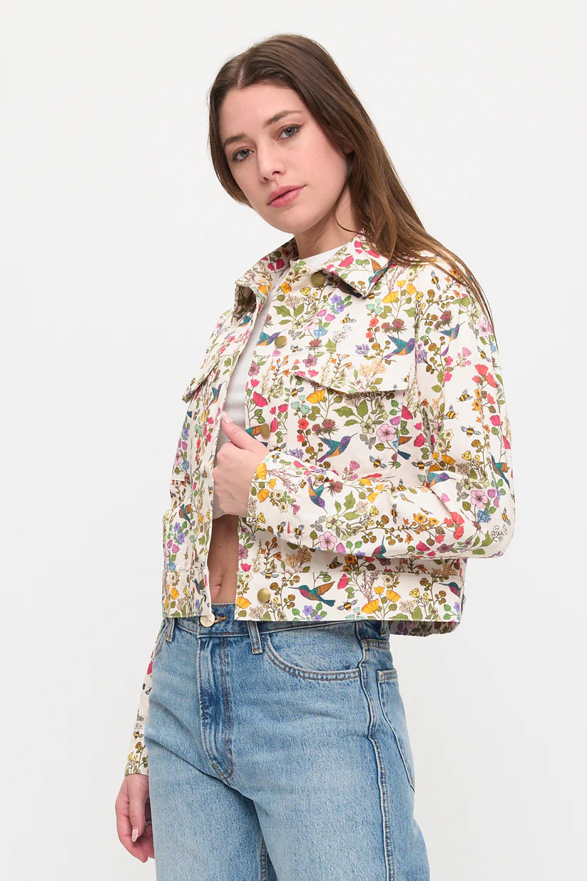 Floral Humming Bird Print Cropped Jacket