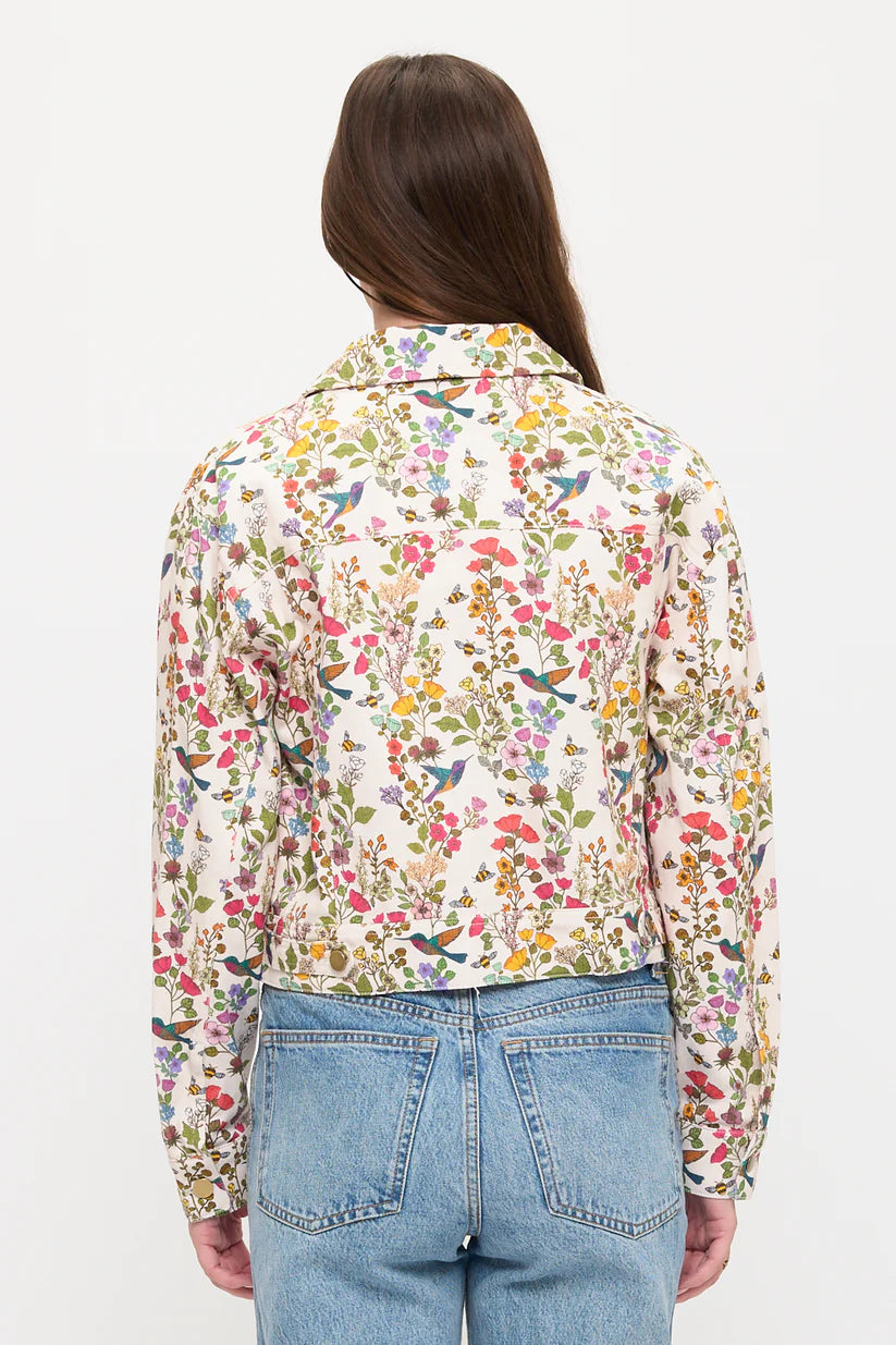 Floral Humming Bird Print Cropped Jacket