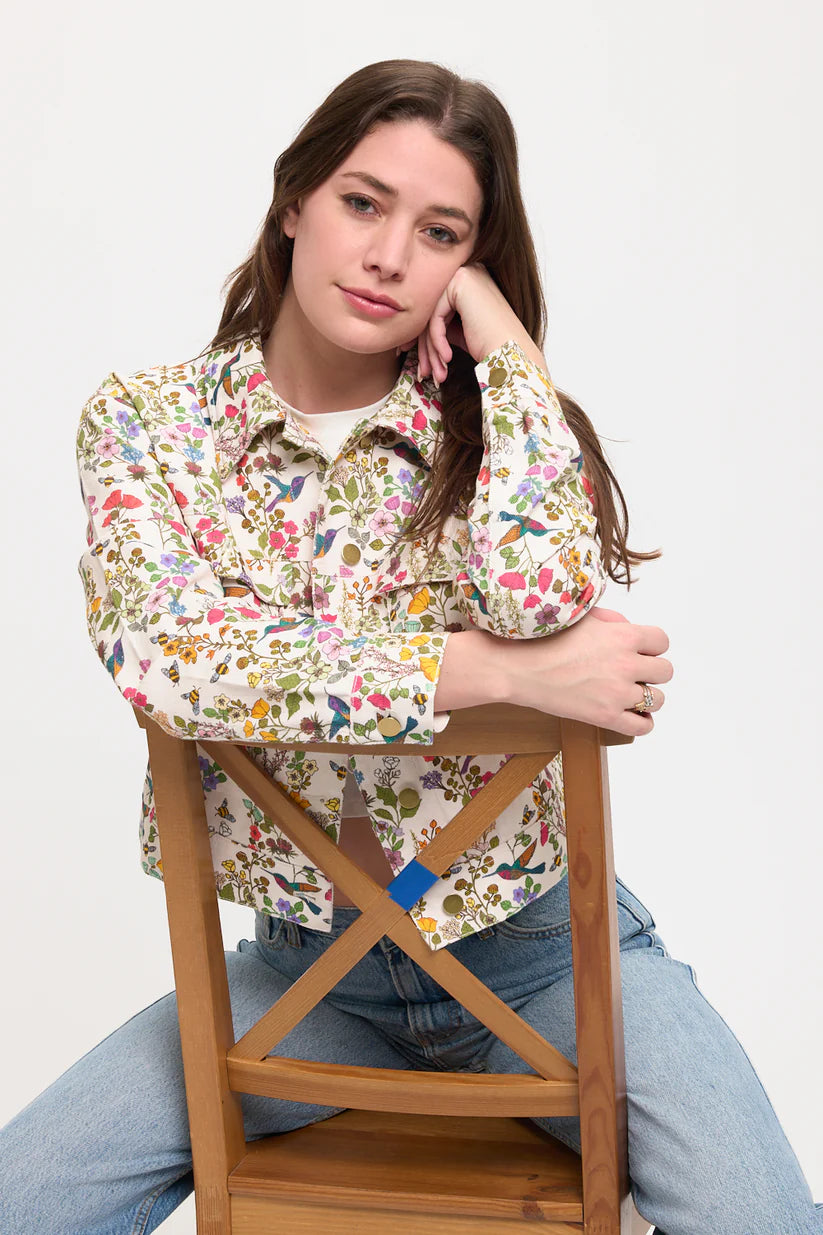 Floral Humming Bird Print Cropped Jacket