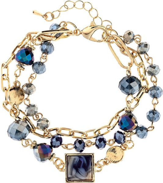 Gold Blue Glass & Acrylic Squares Link Bracelet
