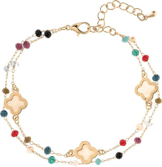 Gold Multicolor Bead & Inlaid Clovers Lobster Bracelet