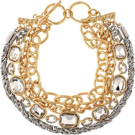 Two Tone Four Row Chain-link and Crystal Bracelet
