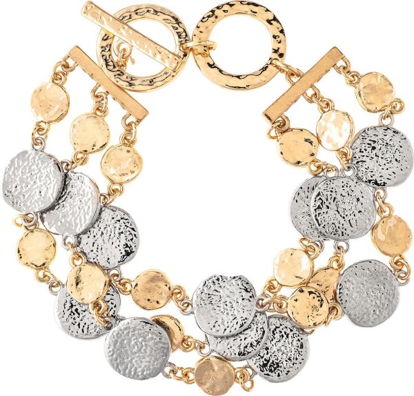 2Tone Triple Row Textured Disc Toggle Bracelet