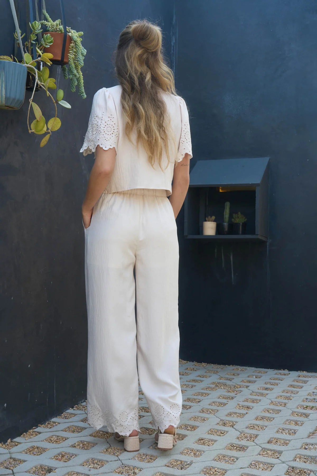Eyelet Trim Tie Blouse & Wide Leg Pants Set