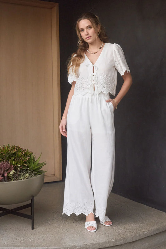 Eyelet Trim Tie Blouse & Wide Leg Pants Set