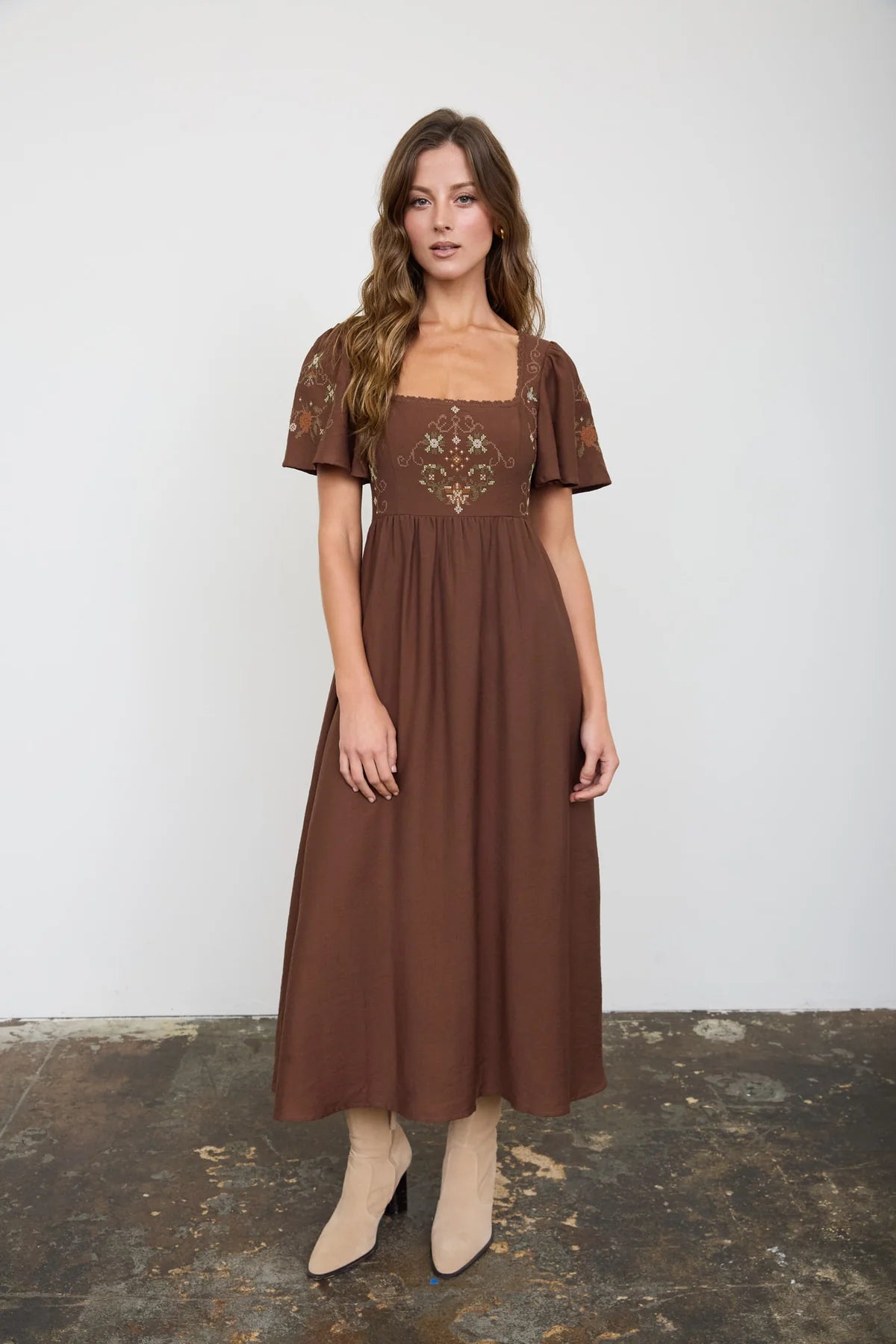 Embroidered Chocolate Midi Dress
