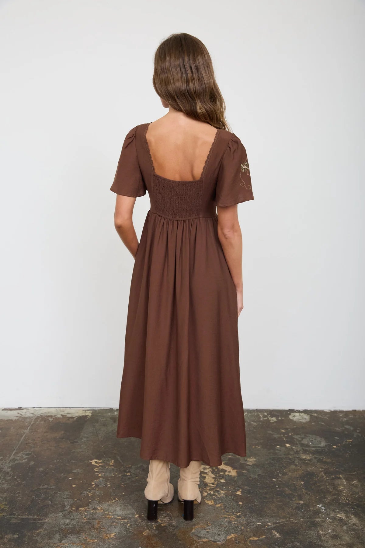 Embroidered Chocolate Midi Dress