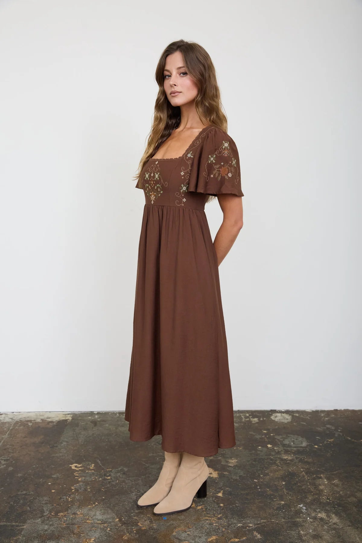 Embroidered Chocolate Midi Dress