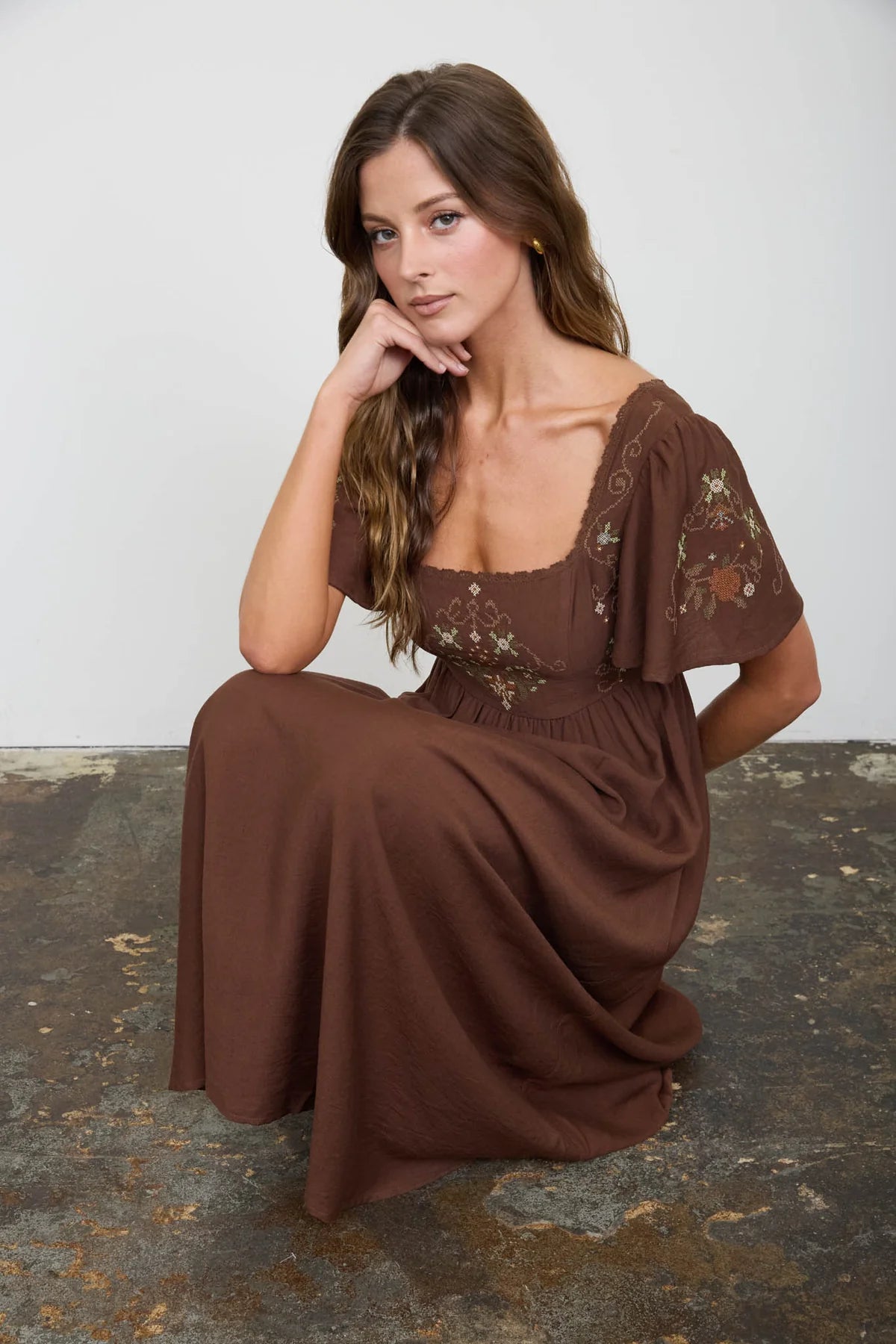 Embroidered Chocolate Midi Dress