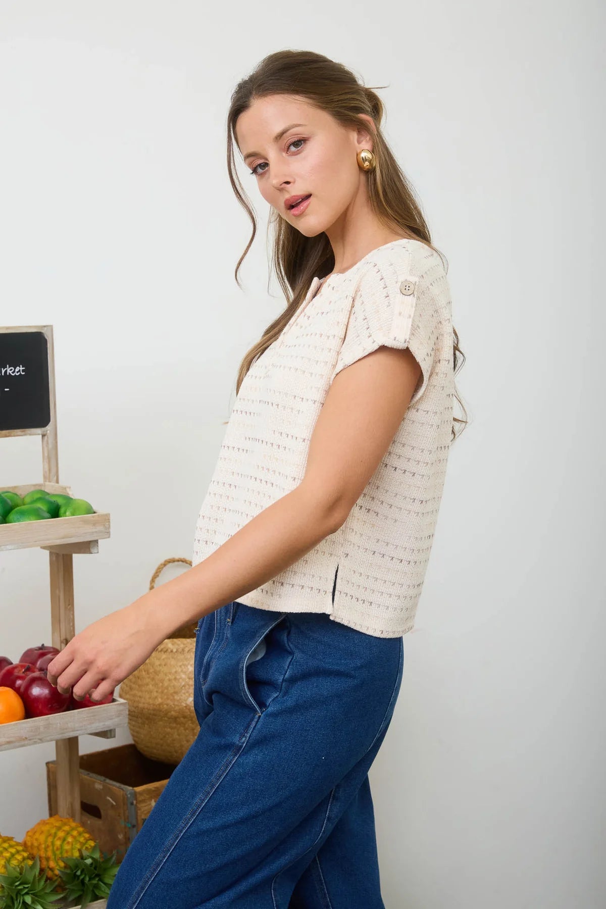 Multi Color Stitch Split Neck Top