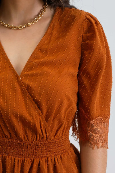 Detailed Copper Blouse w/ Lace Sleeves