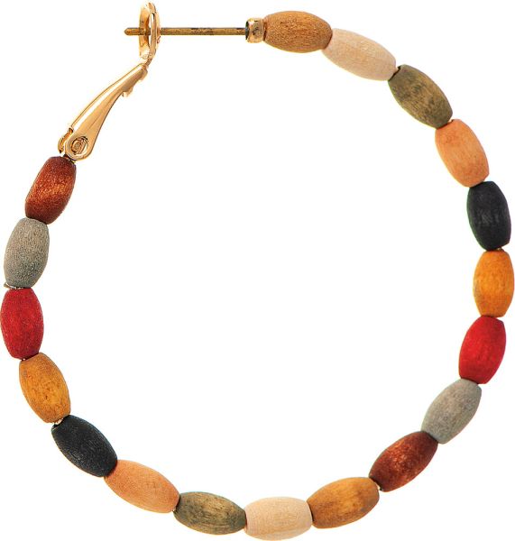 Gold Dark Multicolor Wood Bead Hoop Earring