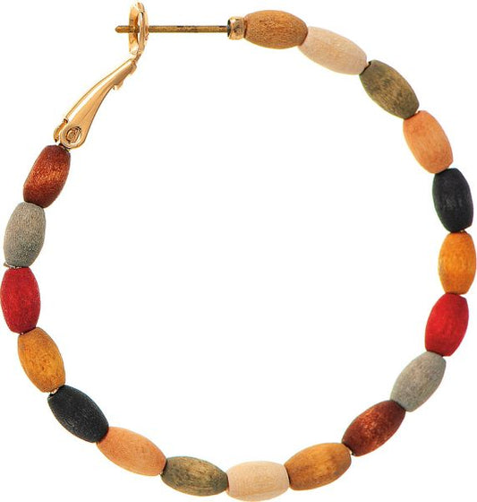 Gold Dark Multicolor Wood Bead Hoop Earring