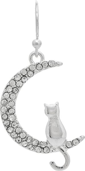 Cat On Crystal Crescent Moon Earring