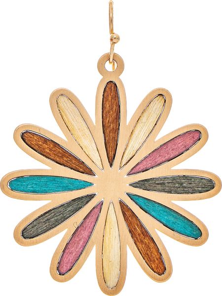 Gold Multicolor Stained Wood Inlay Daisy Flower Earring
