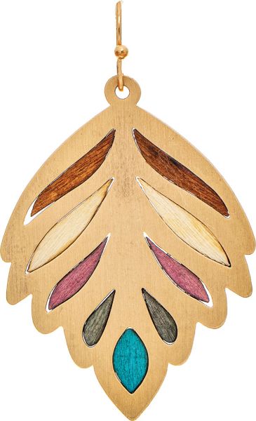 Gold Multicolor Stained Wood Inlay Leaf Earring