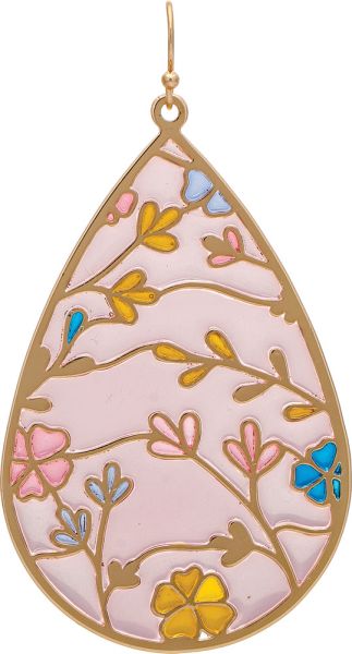 Gold Pink Pastels Spring Flowers Inlay Teardrop Earring