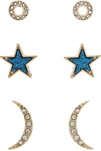 Gold Blue Moon Star 3 Piece Post Earring Set