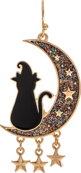 Gold Sparkled Witchy Hat Cat in the Moon Earring