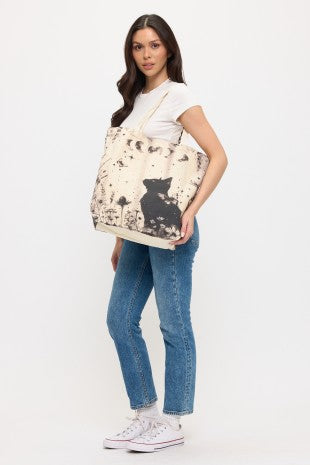 Cat and Butterflies Print Tote Bag