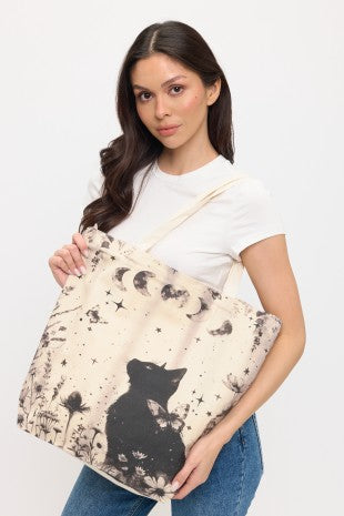 Cat and Butterflies Print Tote Bag