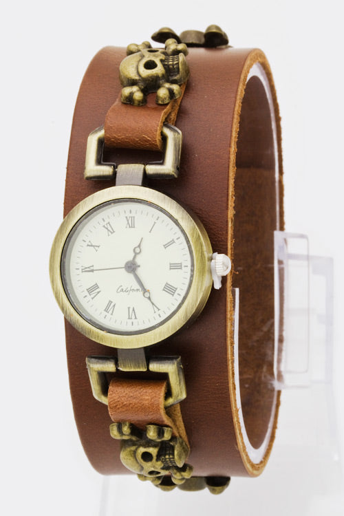Skull Studs Leather Cuff Watch