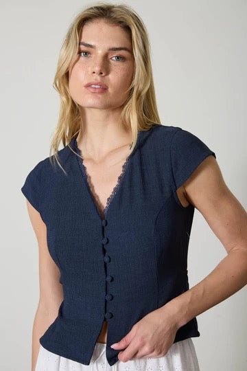 Lace Trim Button Down Blouse