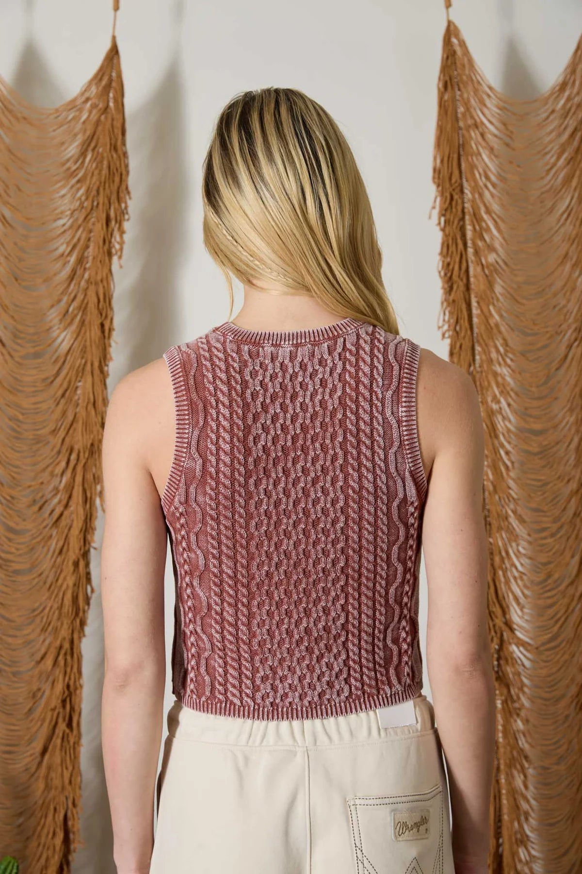 Washed Cable Knit Cropped Knit Tank