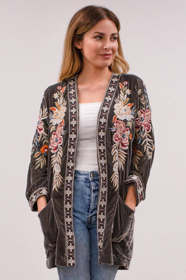 Embroidered Luxe Velvet Cardigan