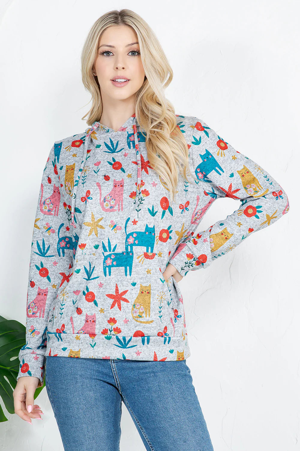 Colorful Cat Print Pullover Hoodie