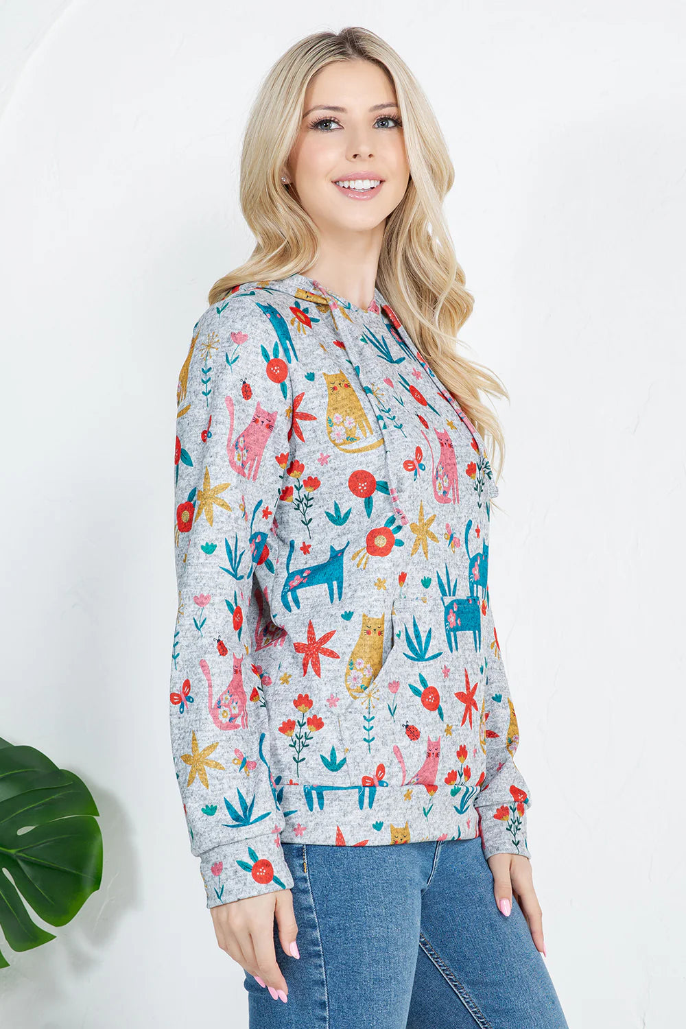 Colorful Cat Print Pullover Hoodie