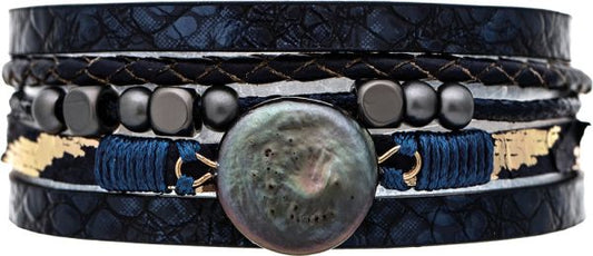 Silver Navy Blue Grey Fresh Water Pearl Top Magnetic Bracelet