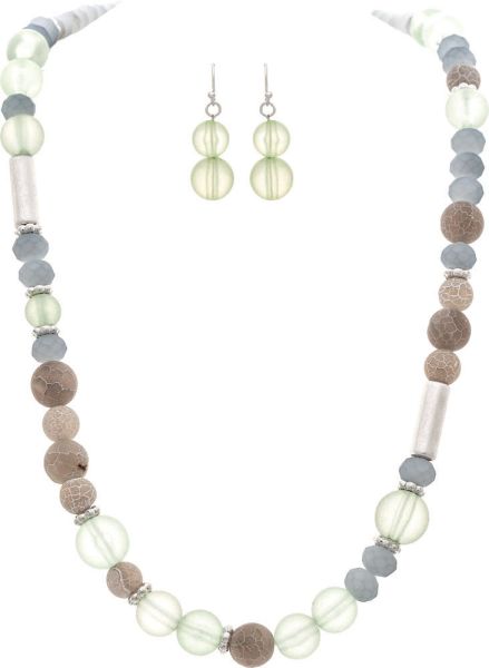 Silver Green Grey Mixed Bead Necklace Set