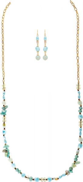 Gold Blue Stone Glass Long Bead Necklace Set