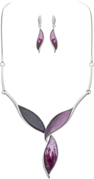 Silver Purple Leaves Necklace Set