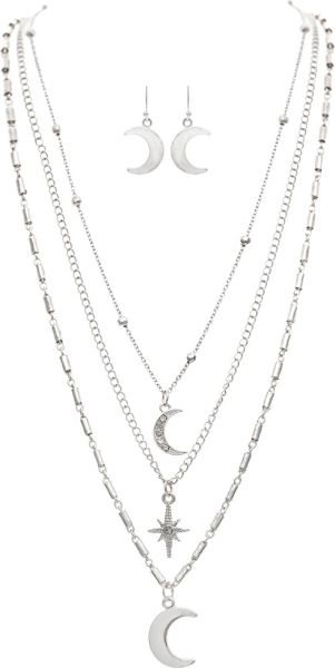 Silver Moons & Star Layer Chain Necklace Set