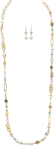 Gold Green Stone & Glass Bead Long Necklace Set