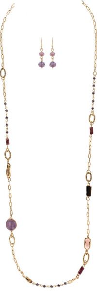 Gold Purple Stone & Glass Bead Long Necklace Set