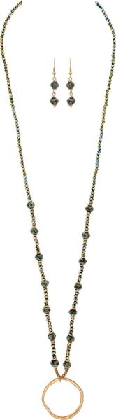 Green Glass Long O Pendant Necklace Set